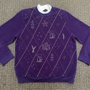 Vintage 90s Mushrooms Purple Fleece Grandma-core Sweatshirt Size Large